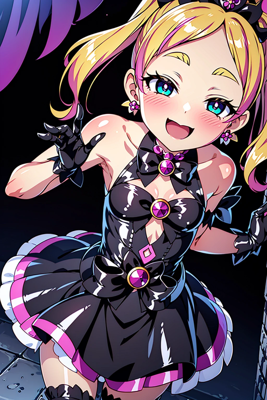 cure flora, 1girl, solo, blonde hair, pink highlights, black hair ornament, (gothic lolita:1.3), black long skirt, black tiara, black gloves, (black gothic dress:1.3), low bat wings, black fur, ribbon, blush cheeks, black enamel boots, corruption, half-closed eyes, Jewelry, no pupils, (evil smile), (shiny fabric:1.5), open mouth, dark magical girl