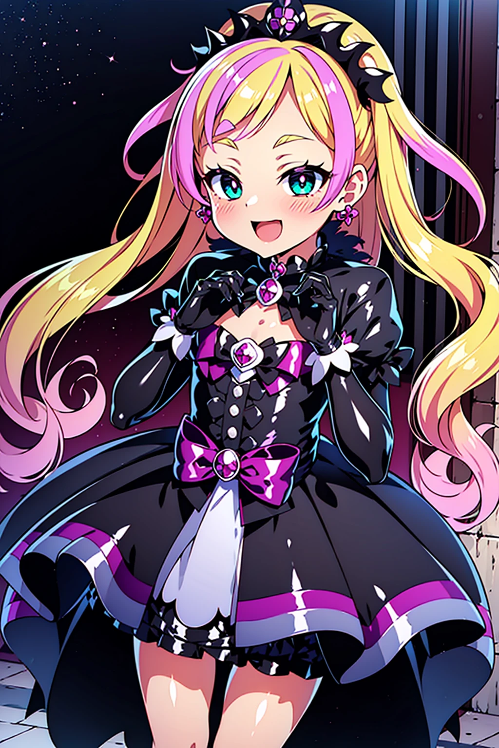 cure flora, 1girl, solo, blonde hair, pink highlights, black hair ornament, (gothic ****ta:1.3), black long skirt, black tiara, black gloves, (black gothic dress:1.3), low bat wings, black fur, ribbon, blush cheeks, black enamel boots, corruption, half-closed eyes, Jewelry, no pupils, (evil smile), (shiny fabric:1.5), open mouth, dark magical girl