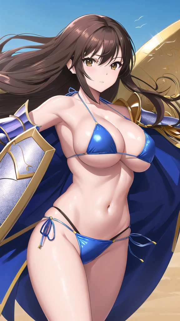 Art inspired by Masamune Shirow, Armor Girl, Bikini Armor, Bikini Armor, Bikini Armor female knight, Bikini Armor, tits, Knight Girl, tits、Intense movement,topless, White thighs,Vertical belly button、Skin radiance,Brown hair