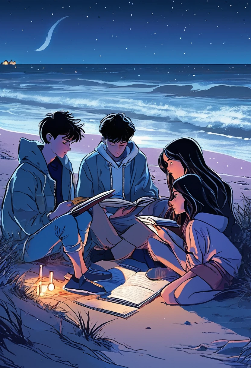 a group of teenagers were reading and writing on the beach at night. manga style, digital art, by Marshall Arisman, cover illustration, 70mm, 7 0 mm, 70 mm, book cover illustration, by Brigette Barrager, album cover, novel cover art for a book, art concept for a book cover, cover art, 7 feet tall,