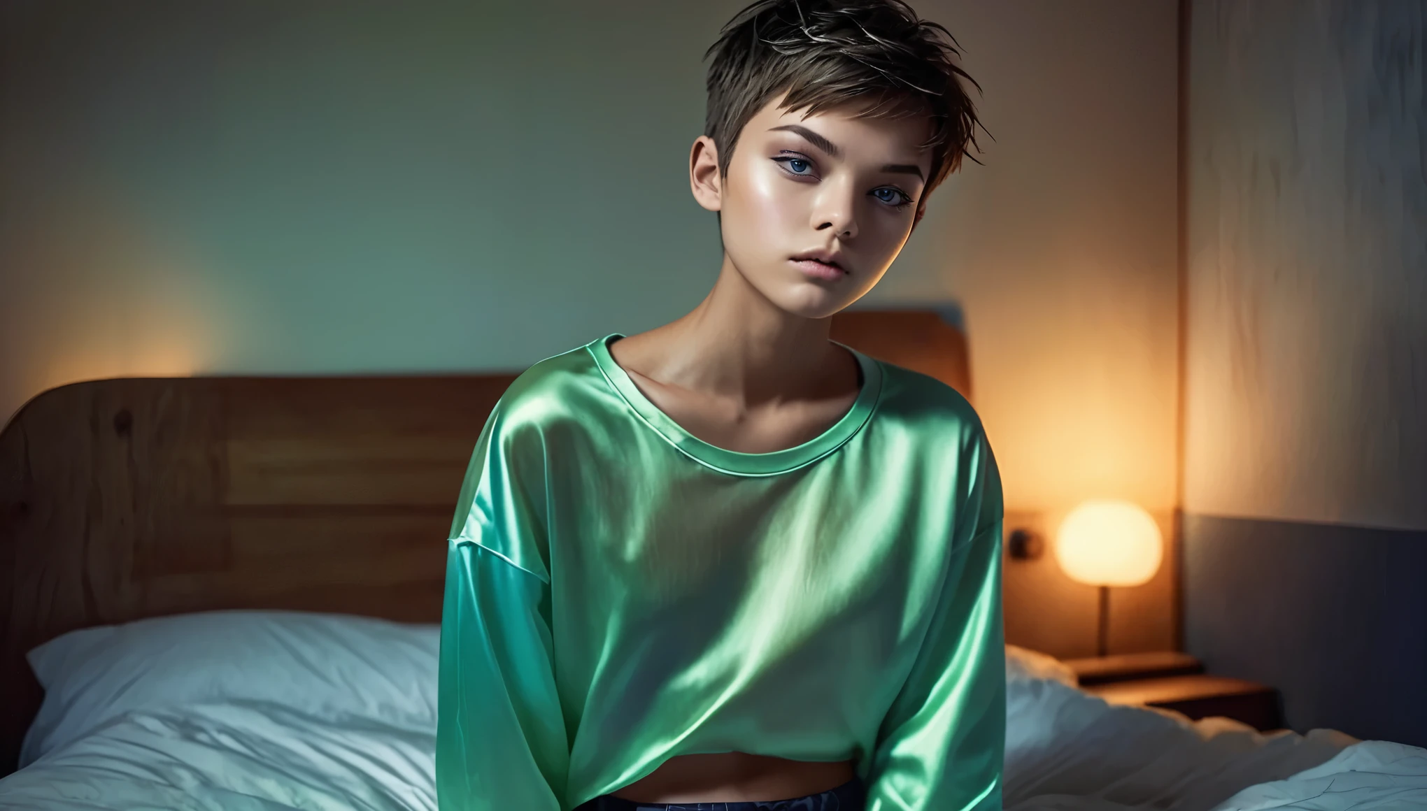 Top Quality, Masterpiece, High Resolution, 8k, ((r, 16 Yearomboy girl in short silky oversized huddie with plunging neckline under the armpits und satin shorts, side boob, wide neckline, deep neckline)), (bare belly, small perky breasts, detailed face, detailed eyes, thin eyebrow, detailed lips, small hips, no makeup, some tattoos), (tomboy, Tomboy Style, tomboyish), (randowm short hair style, straight hair, short pixie cut hair), (((on the bed, moody atmosphere, dim light, dramatic and neon colors, futuristic setting, intricate details, at night, random pose, neon colors))), full body view