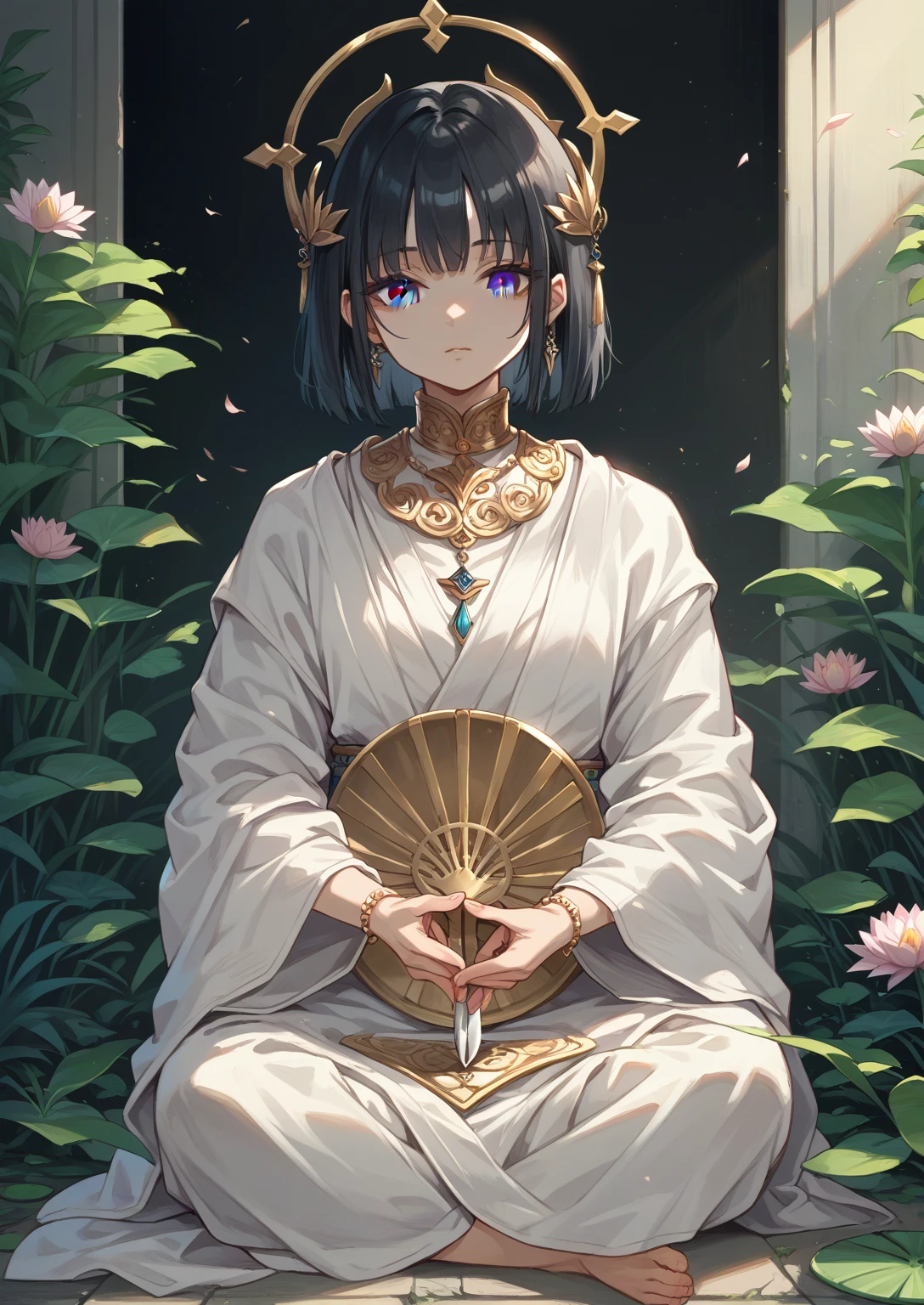 Painting of an angel sitting in a lotus position., Goddess of love and peace, bodhisattva, , queen , meditate , Gray eyes ,black hair , holding a circular knife