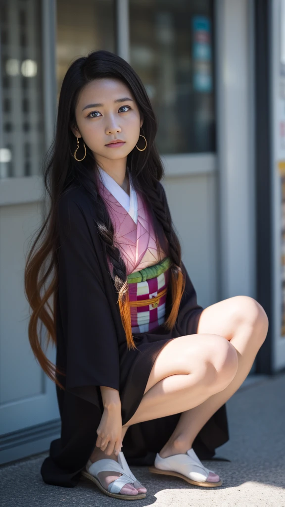 Cute Japanese female, (), (Very cute face: 1.3), White moisturized skin,
BREAK,
Idol,
BREAK,
(Wearing cute kimono: 1.3), (Very revealing kimono), Very large earrings, Short length,
BREAK,
(Fighting pose: 1.3),
BREAK,
(Long hair), (Gray hair), (Wavy hair), (Gradient hair: 1.3), (Red hair at the ends),
BREAK,
(Realistic: 1.3), Masterpiece, Perfect lighting, (Ultra high resolution), (8K), (Very detailed: 1.4), (From the front), Looking at the camera, Melancholy expression, (Full body: 1.3),
BREAK,
(Japanese city streets: 1.2),
BREAK,
(Demon Slayer: 1.4),
BREAK,
(Hellfire: 1.2), Demon,