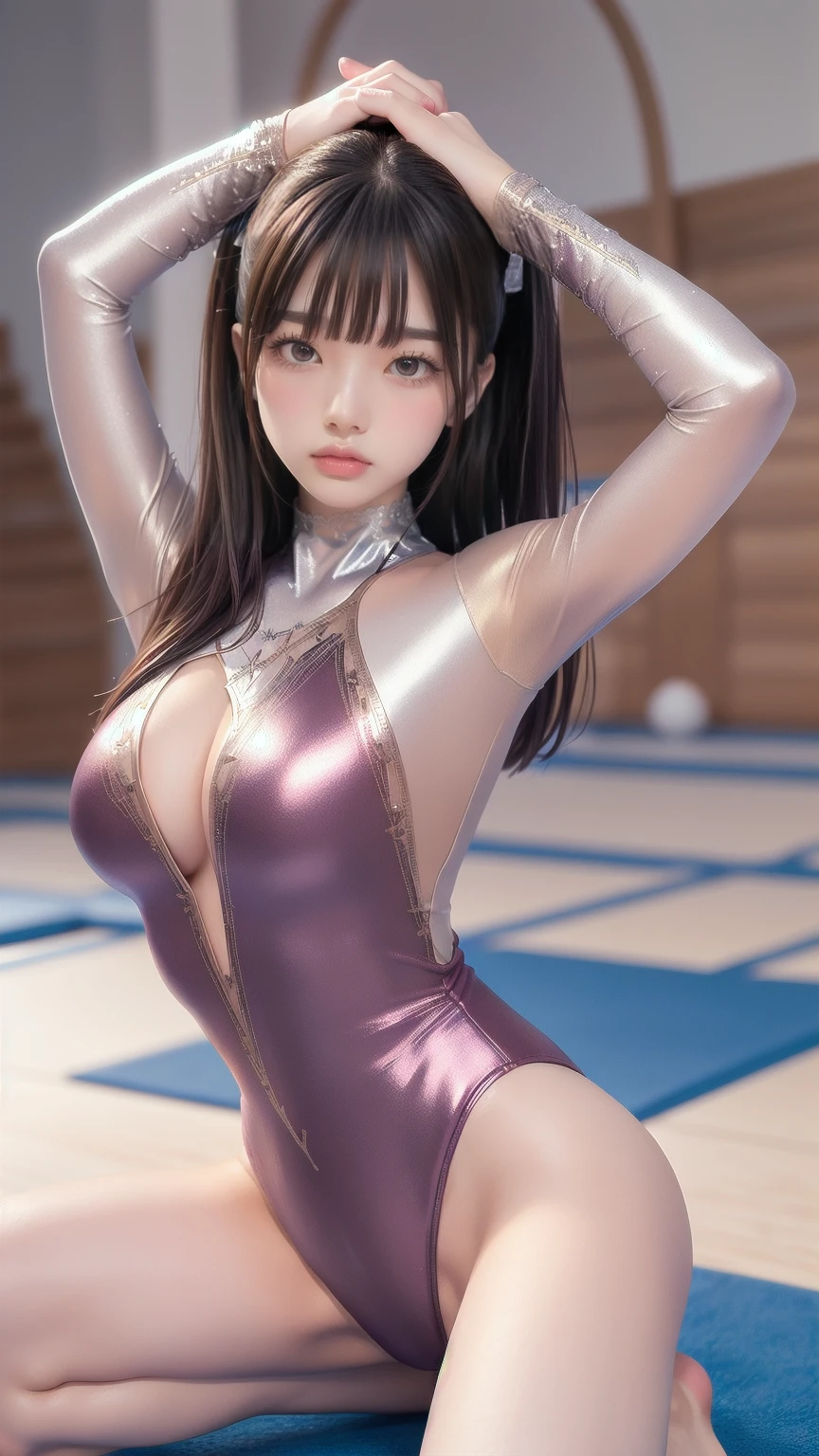 ((indoor, 新gymnastics arena, gymnastics arena:1.3)), ((Highly detailed skin), Beautiful realistic face, White skin, Pointed Chest, Small nipples, Perfect Anatomy, Realistic eyes, Natural Eyes, Brown eyes, Accurate eye focus, Accurate limbs), (Hyper Realist, Ultra-realistic, 4K, Attention to detail, Ultra-high resolution, Highest quality, masterpiece, Presence, dynamic, Uplifting, bold, Sharpness), (Thinning hair:2, Soft Hair:2, Straight hair:1.5, Long, slicked bangs, Light copper amber hair, Hair on one eye, Twin tail hair), (Female gymnast, Detailed costume, Wearing a long sleeve leotard:1.5), Shiny long sleeve leotard, Metallic colors長袖レオタード, Racing long sleeve leotard, Gymnastics Long Sleeve Leotard, ((High leg long sleeve leotard, Long sleeve leotard with crystal embellishment)), ({Metallic red color| Metallic purple color| Metallic white color| Metallic navy color| Metallic pink color| Metallic gold color| Metallic silver color| Metallic black color| Metallic colors}Long sleeve leotard colors), (Big Breasts:1.5), Tall, Elongated arms and legs, Small waist, Small hips, (Crouching, M-shaped split, Squat:1.2, Squat with your legs wide apart, Spread your legs), The long-sleeved leotard is digging into her butt, barefoot, Looking into the camera, smile, (Underhair does not grow),