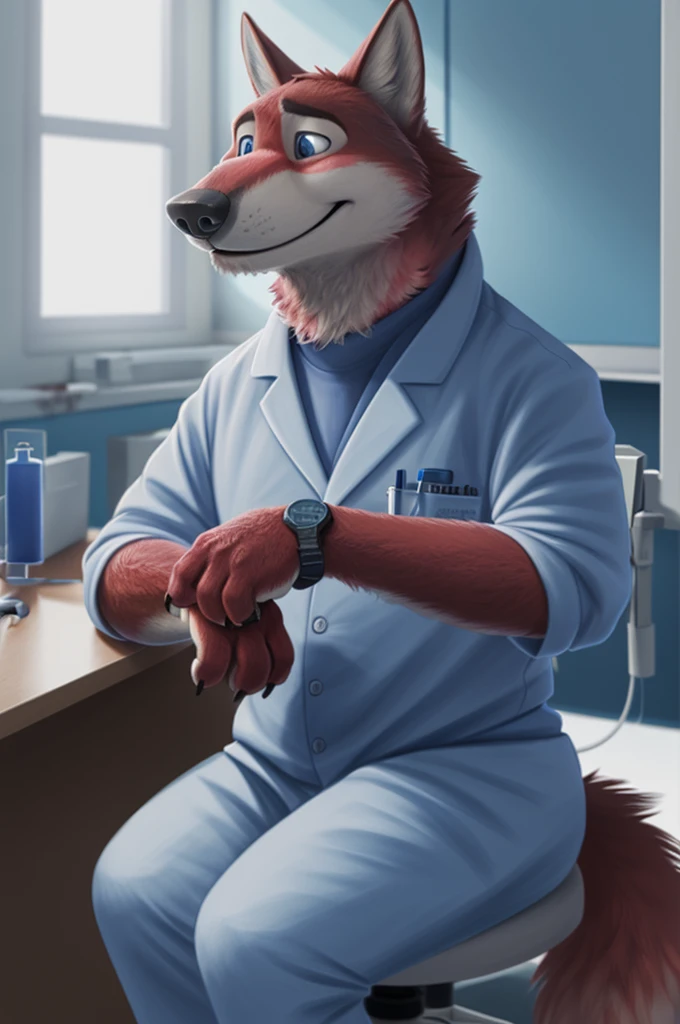 Joachim Wolfbach (Zootopia),tall handsome, wolf,young, 24 years, brown fur,(red body:1.3),Blue eyes, Moscow Dressed, in a medical gown, surgical form, cardiac surgeon,canine, wolf, detailed fur, Male, antro, paw pads, finger claws,Prays, at viewer, 5 fingers, paws, 5 fingers, smile, happy, sitting in the office , wrist watch,green stethoscope, т nextel, sitting at home in the blood laboratory, by xenoforge, (difficult, high detail, digital, photo, soft focus, RAW, dct doctor, hospital, Kids toys, expecting children, 13 детская hospital, operating,
photorealism, realistic, photorealistic, analog style, subsurface scattering, blood laboratory, draws blood from a finger,
masterpiece, Best quality, ultra realistic, 8 K)