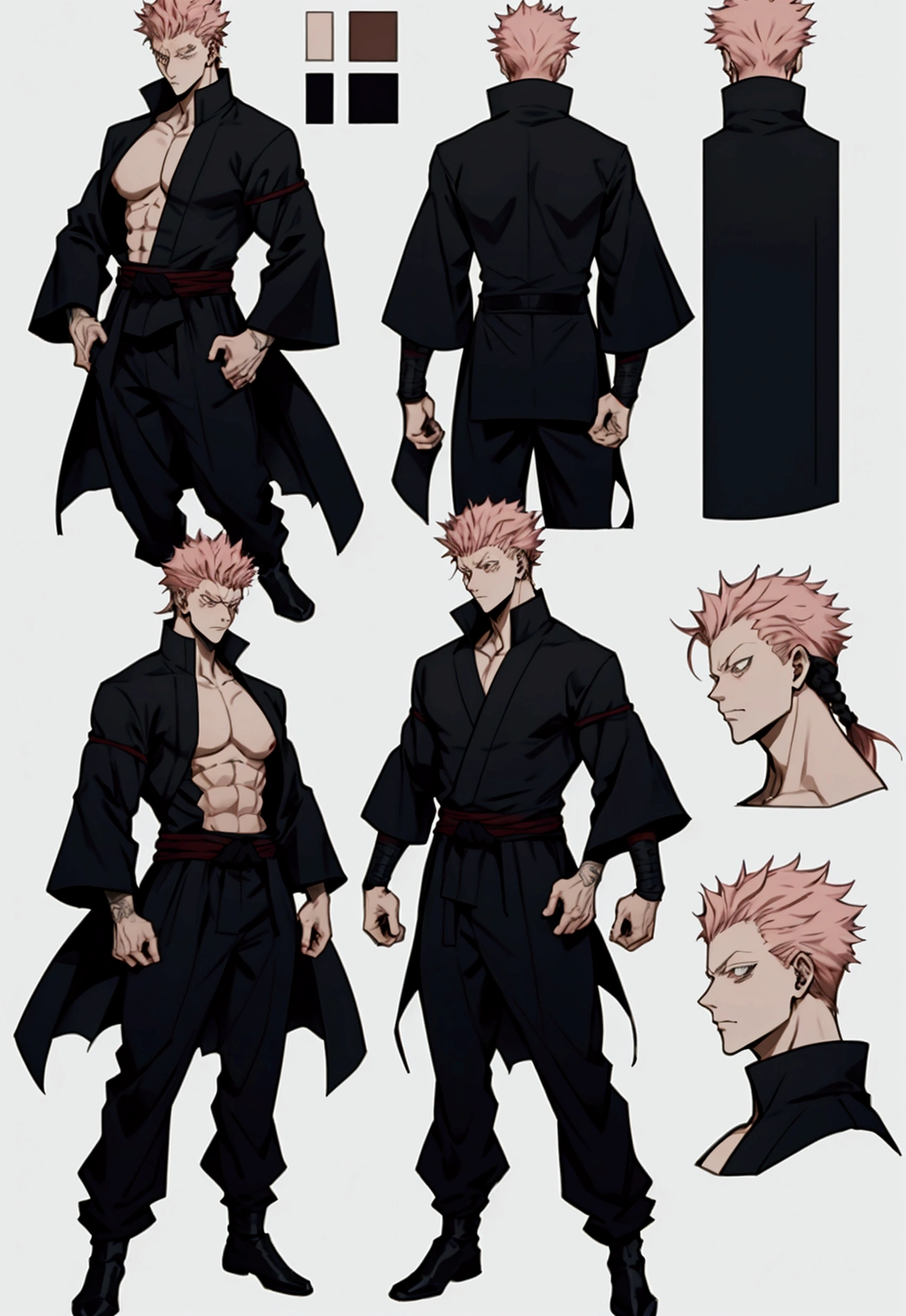 Character sheet of a man, tall, slim, long hair slightly draping over face, intimidating, male, slightly modern, jujutsu kaisen inspired