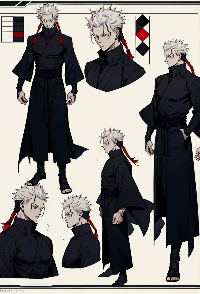 Character sheet of a man, tall, slim, long hair slightly draping over face, intimidating, male, slightly modern, jujutsu kaisen inspired