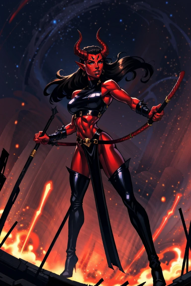 Red skin succubus tiefling, medium breasts, black horns, wings, huge tail, black leather, crop top, long flowing pelvic curtain, tall, toned, graceful, thin, long black ponytail. Action scene, whip. Dark scene, explosions, night sky.