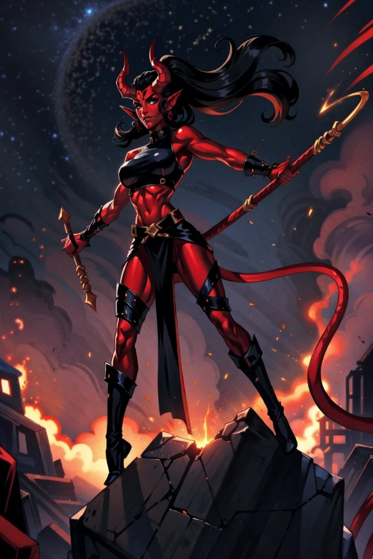 Red skin succubus tiefling, medium breasts, black horns, wings, huge tail, black leather, crop top, long flowing pelvic curtain, tall, toned, graceful, thin, long black ponytail. Action scene, whip. Dark scene, explosions, night sky.