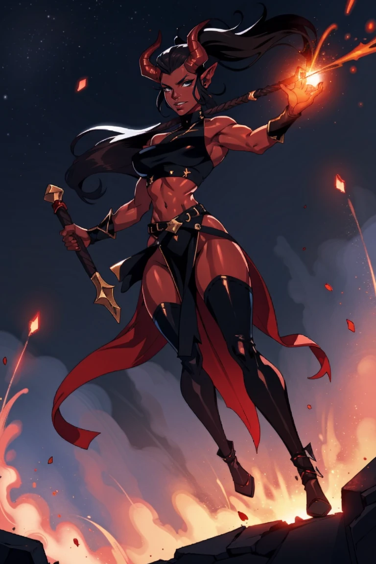 Red skin succubus tiefling, medium breasts, black horns, wings, huge tail, black leather, crop top, long flowing pelvic curtain, tall, toned, graceful, thin, long black ponytail. Action scene, whip. Dark scene, explosions, night sky.
