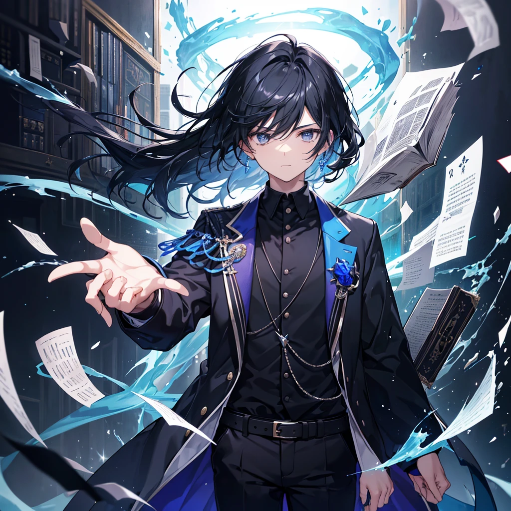 young man ager ,Black hair has a strong blue sheen. ,Black eyes sparkling blue ,Wear fashionable black and blue shirts. ,Extend your right hand ,On his right hand was an ancient book floating in his hand. ,There were white, yellow, purple, black, and red cards floating around in the background.