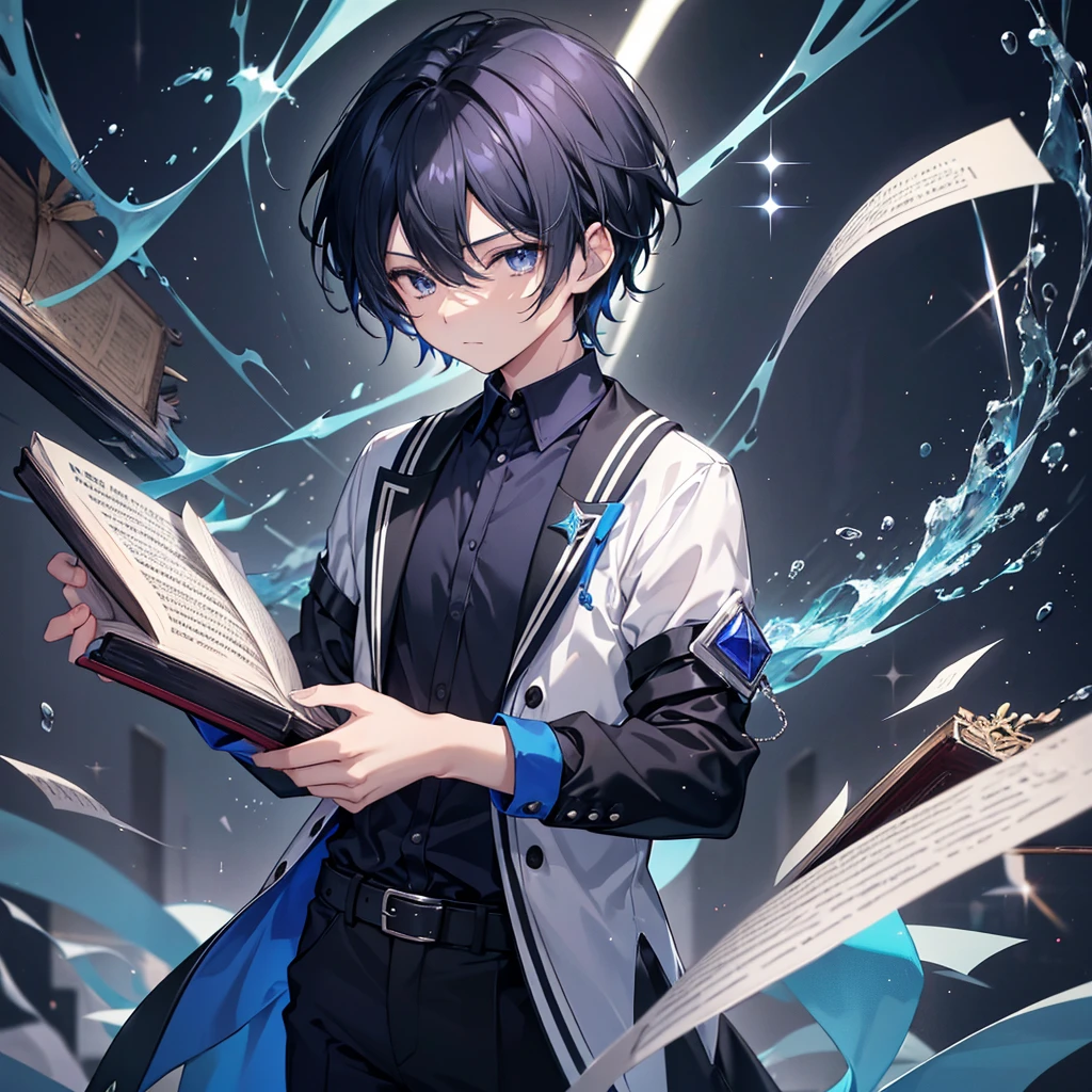 young man teenager ,Black hair has a strong blue sheen. ,Black eyes sparkling blue ,Wear fashionable black and blue shirts. ,Extend your right hand ,On his right hand was an ancient book floating in his hand. ,There were white, yellow, purple, black, and red cards floating around in the background.