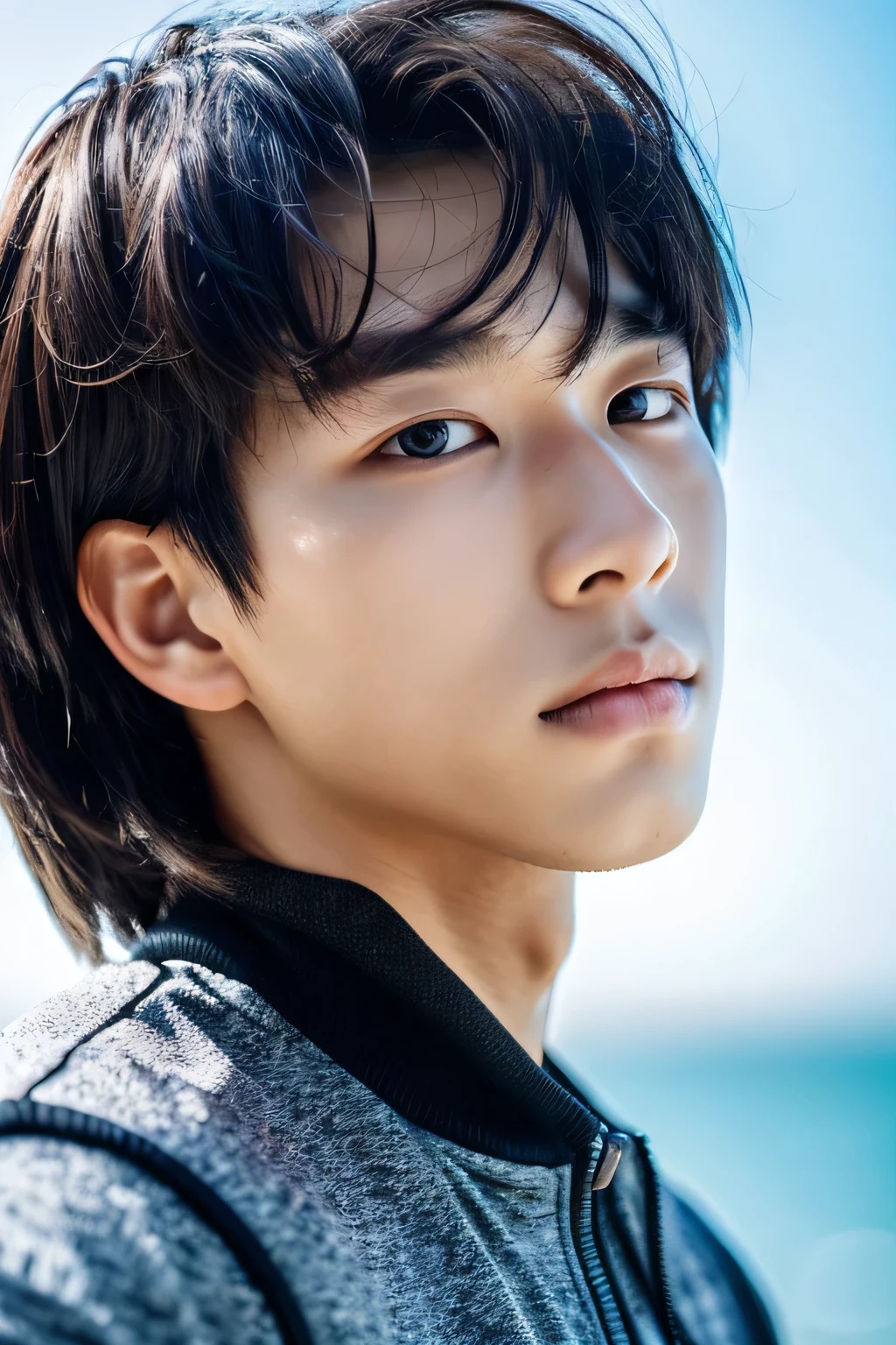 Highest quality, masterpiece, Ultra-high resolution, (Realistic: 1.4), Original photo, wallpaper, Head Photo, skin, Simple Background, Iris, detailed, Selfie, 1 boy, 18-year-old, good looking, Wind,Asahi、island