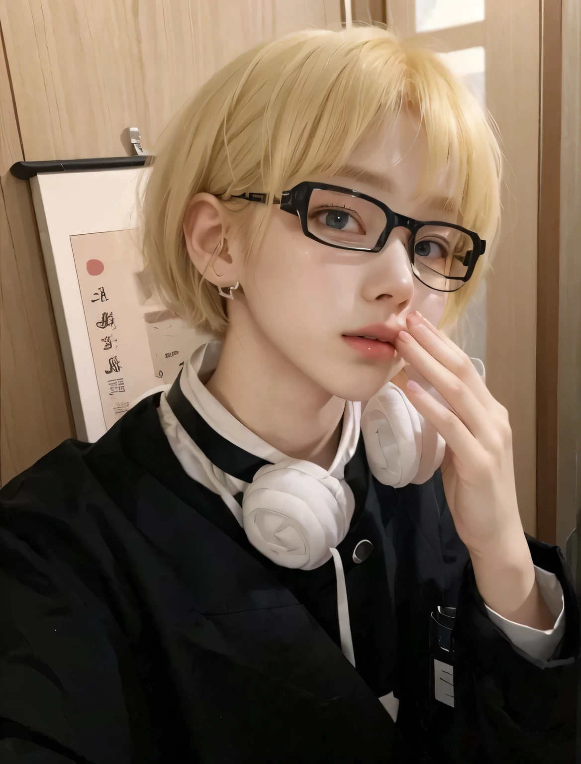 Arafa woman with blonde hair sitting at a table, jung jaehyun, adorable and pale korean face, ulzzang inteligente, Kim Doyoung, with short hair, jossi do blackpink, Hong Jun Hyung, Tae June Kim, ulzzang, the hime cut, Jaeyeon Nam, xqc, park jimin, tomboy short platinum hair
