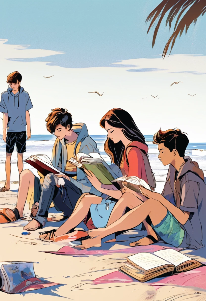 a group of teenagers were reading and writing on the beach at morning. manga style, digital art, by Marshall Arisman, cover illustration, 70mm, 7 0 mm, 70 mm, book cover illustration, by Brigette Barrager, album cover, novel cover art for a book, art concept for a book cover, cover art, 7 feet tall,