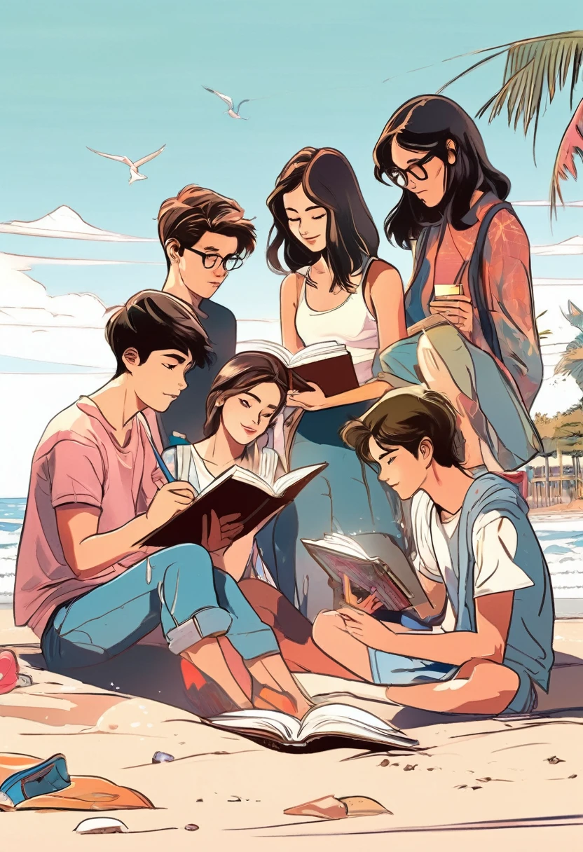a group of agers were reading and writing on the beach at morning. manga style, digital art, by Marshall Arisman, cover illustration, 70mm, 7 0 mm, 70 mm, book cover illustration, by Brigette Barrager, album cover, novel cover art for a book, art concept for a book cover, cover art, 7 feet tall,