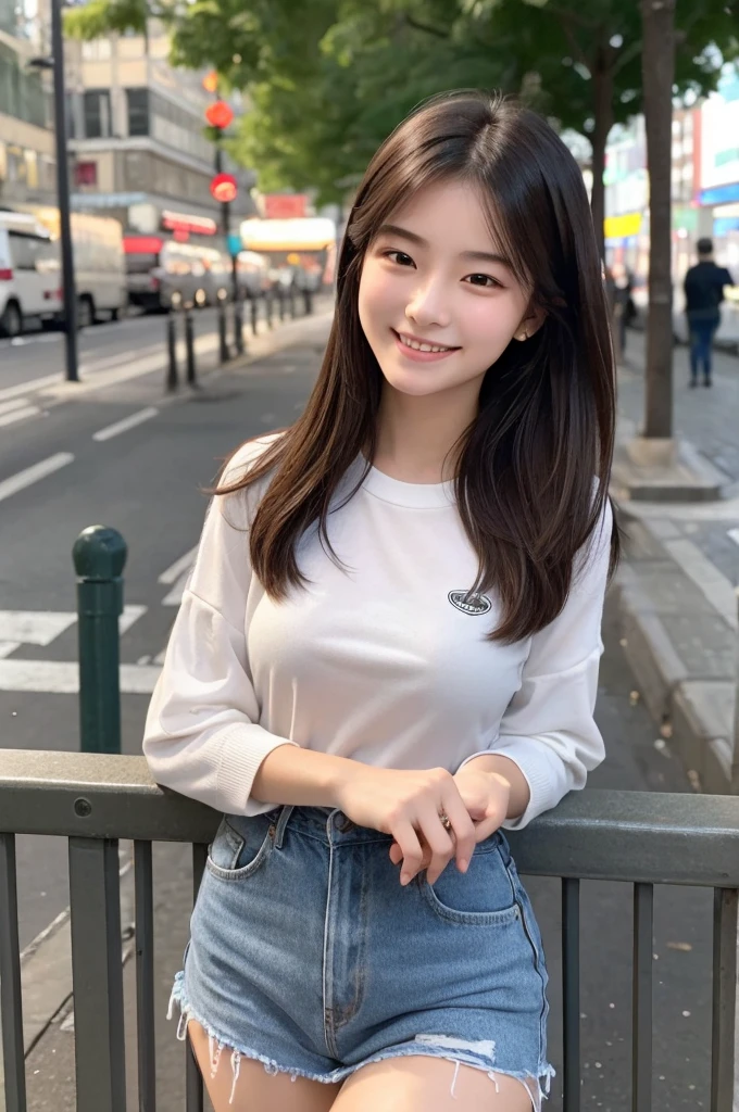 A beautiful 20-year-old with a well-proportioned D cup and a smartphone, bored in the city。Leaning against the fence、Looking this way and smiling