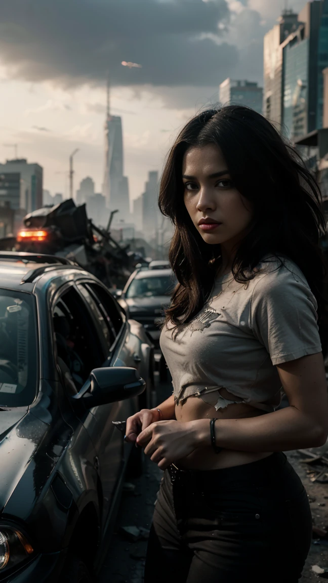 (Highest quality, Ultra HD, 16k, Masterpiece) A powerful girl walks confidently in front of her rugged, futuristic car amidst a chaotic and war-torn metropolis. The shot is a medium to long view, capturing her determined presence and the complete surroundings around her. She gazes ahead with a fierce, unyielding expression, embodying strength and resolve. She wears a fitted tshirt under a stylish jacket and jeans pants, her attire blending practicality with a touch of modern flair. The jacket is detailed with patches, straps, and utility pockets, enhancing her battle-ready appearance. Her hair is tousled and windswept, adding to her dynamic presence. The car behind her is a heavily modified, armored vehicle, its exterior scarred from countless battles. It stands as a testament to her resilience and resourcefulness, with various gadgets and weapons mounted on its frame. The car's sleek, yet rugged design complements the overall gritty atmosphere. In the background, the entire skyline of the metropolis is visible, partially obscured by smoke and ash. Skyscrapers tower amidst the chaos, many of them heavily damaged with gaping holes and crumbling facades. Explosions light up the scene, casting an eerie glow over the widespread destruction. Spaceships hover menacingly in the sky, engaged in fierce aerial battles, their sleek designs contrasting with the devastation below. The ground is littered with debris and remnants of destroyed structures, adding to the sense of a world torn apart by conflict. Scraps of metal, shattered glass, and remnants of vehicles are scattered across the landscape, emphasizing the scale of destruction. The lighting is dramatic, with sharp contrasts that highlight the textures of her attire and the metallic surface of her car. The interplay of light and shadow emphasizes the intense expression on her face and the chaos in the background. Hollywood action movie. Action film, ((tshirt)), (((fully covered tshirt)))