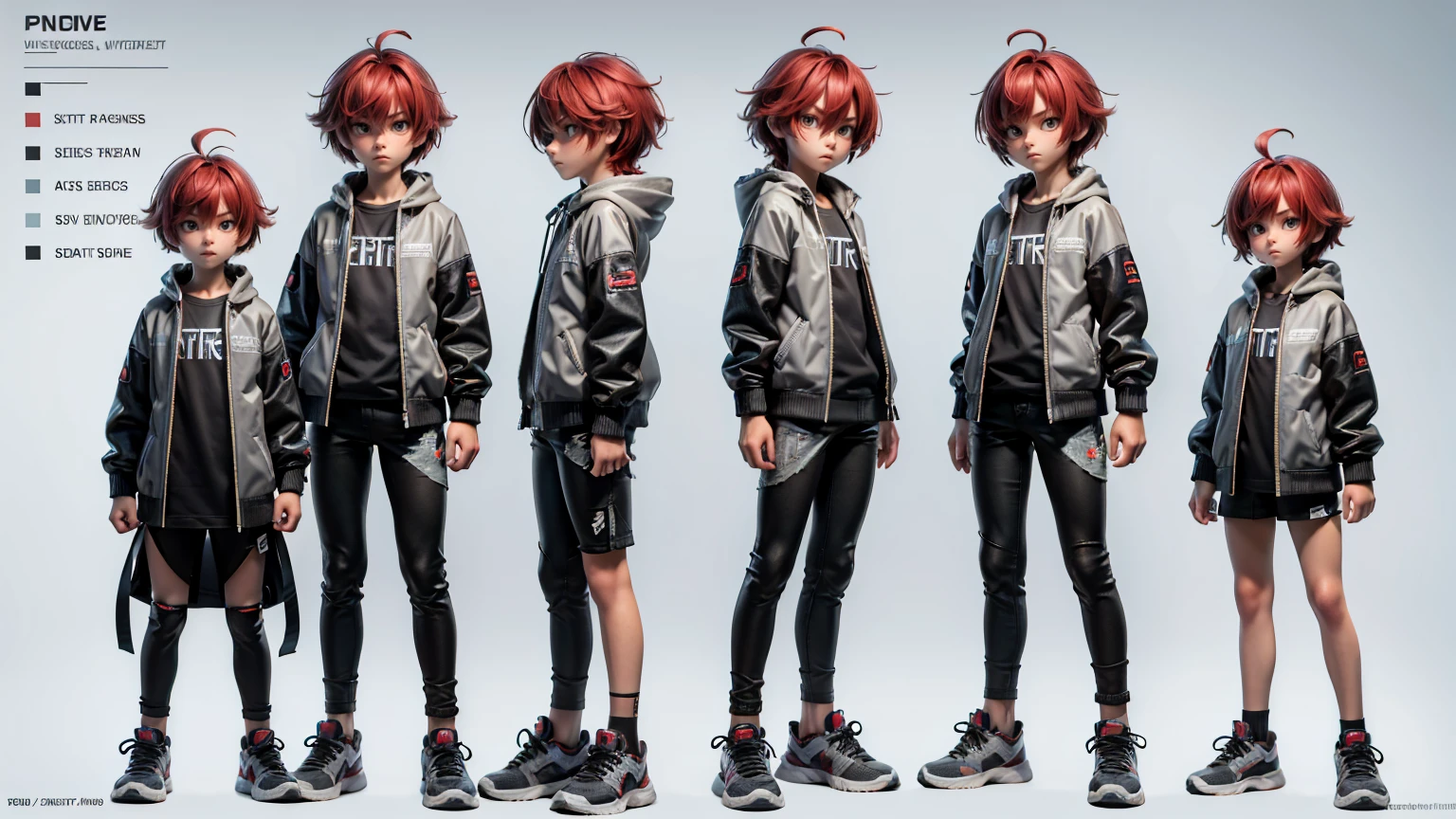 cute face boy, cute face, short height boy, wearing casual futuristic grey color pent, full standing pose, Shaggy Hair hairs, Shaggy Hair style hairs, red hair, sports shoes, Character Sheet, , Full body, Simple white background, front pose character reference sheet, Concept art, design sheet