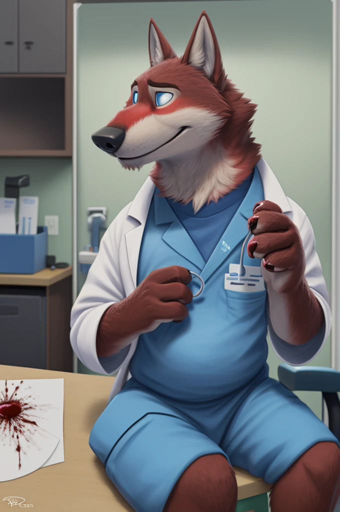 Joachim Wolfbach (Zootopia),tall handsome, wolf,young, 24 years, brown fur,(red body:1.3),Blue eyes, Moscow Dressed, in a medical gown, surgical form, cardiac surgeon,canine, wolf, detailed fur, Male, antro, paw pads, finger claws,Prays, at viewer, 5 fingers, paws, 5 fingers, smile, happy, sitting in the office , wrist watch,green stethoscope, т nextel, sitting at home in the blood laboratory, by xenoforge, (difficult, high detail, digital, photo, soft focus, RAW, dct doctor, hospital, Kids toys, , 13 детская hospital, operating, 
photorealism, realistic, photorealistic, analog style, subsurface scattering, blood laboratory, draws blood from a finger, 
masterpiece, Best quality, ultra realistic, 8 K)