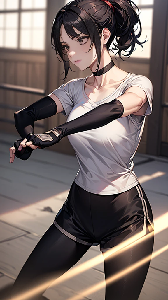 ((Highest quality)), ((masterpiece)), (detailed) {{{Slender female martial arts instructor}}} Shorts {{Décolletage}} {{White short-sleeved T-shirt with long length}} Mature Woman ((Combat Stance)) Long fingerless gloves Black tights {{Inside the dojo}} Black Hair Long-haired ponytail ((Leggings with integrated shorts)) clavicle choker