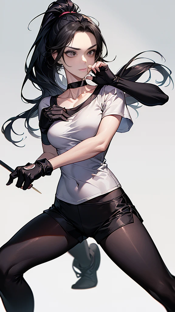 ((Highest quality)), ((masterpiece)), (detailed)　｛{{Slender female martial arts instructor}}｝　Shorts　{{Décolletage}}　{{White short-sleeved T-shirt with long length}}　Mature Woman　((Combat Stance))　Long fingerless gloves　Black tights　{{Inside the dojo}}　Black Hair　Long-haired ponytail　((Leggings with integrated shorts))　clavicle　choker