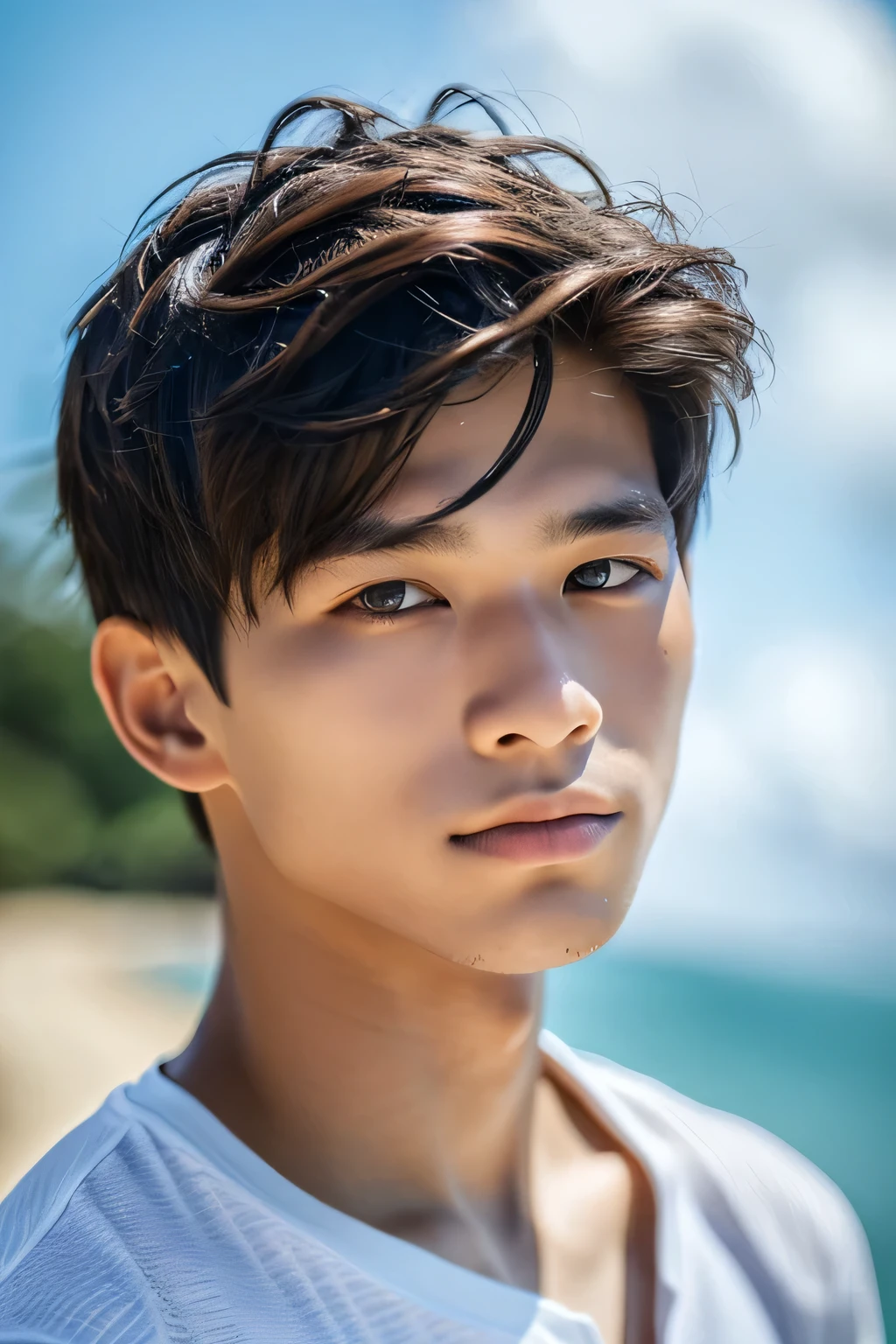 Highest quality, masterpiece, Ultra-high resolution, (Realistic: 1.4), Original photo, wallpaper, Head Photo, skin, Simple Background, Iris, detailed, Selfie, 1 boy, 18-year-old, good looking, Wind,island