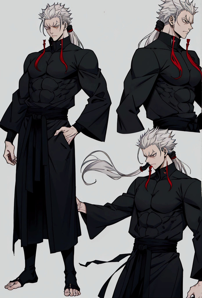 Character sheet of a man, tall, slim, long hair slightly draping over face, intimidating, male, slightly modern, jujutsu kaisen inspired, slightly hunched over