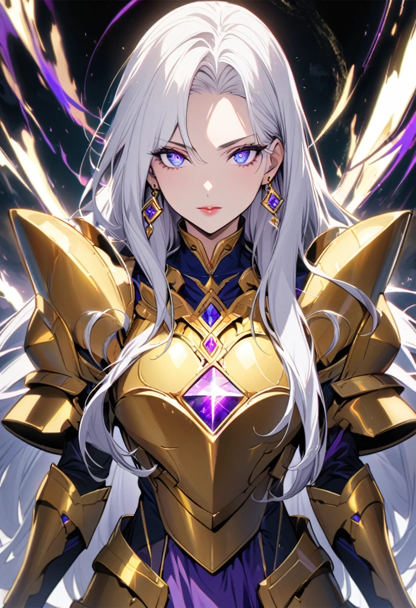 woman, blue eyes, long hair, white hair, mature, god eyes, diamond earings, glowing right eyes, two colors eyes, purple eyes, golden armor, 