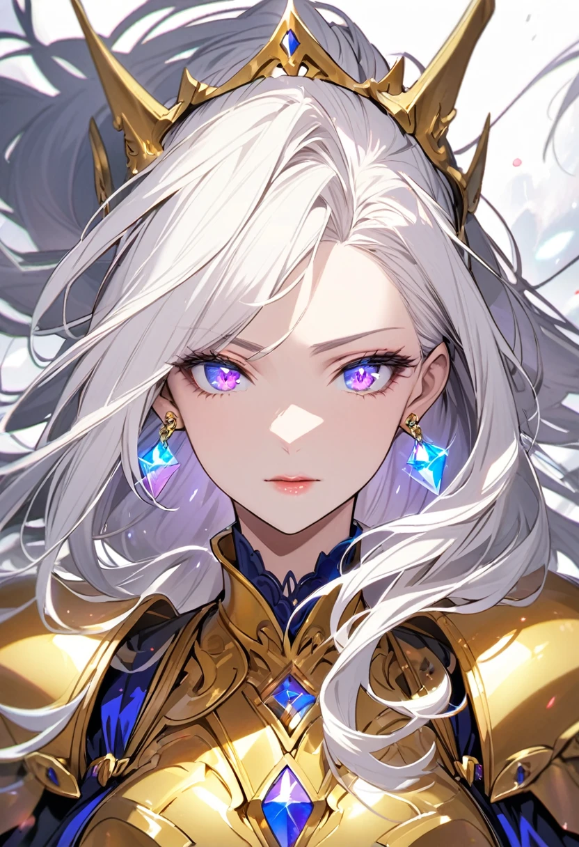 woman, blue eyes, long hair, white hair, mature, god eyes, diamond earings, glowing right eyes, two colors eyes, purple eyes, golden armor,