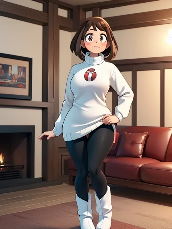 1girl, solo, Imagine Ochaco Uraraka being a 45 year old mother, MILF, brown hair, brown eyes, blush stickers, short hair, Mature Face, brown hair, brown eyes, blush stickers, short hair, medium breasts, curvy female, thick thighs, curvy body, curvaceous belly, small belly, pudgy,((Wearing: red turtle-neck sweater, black leggings and white heeled boots)), indoors, detailed background, living room, wide shot, (Standing:1.2)