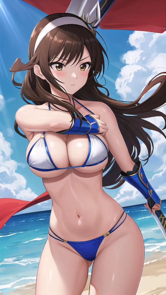 Art inspired by Masamune Shirow,  Armor Girl, Bikini Armor, Bikini Armor, Bikini Armor female knight, Bikini Armor, tits, Knight Girl, tits、Intense movement,topless, White thighs,Vertical belly button、Skin radiance,Brown hair,White headband