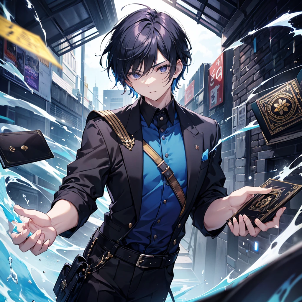 young man teenager ,Black hair has a strong blue sheen. ,Black eyes sparkling blue ,Wear fashionable black and blue shirts. ,Extend your right hand ,An ancient book floats in his right hand. ,There were white, yellow, purple, black, and red cards floating around in the background.