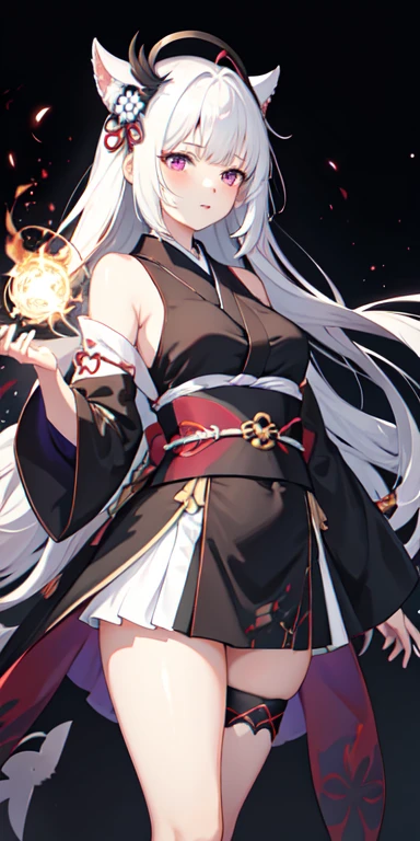 1 girl, Japanese clothing, hypdertailed ,White hair, purples eyes, magic circle, fire blue, Blue flames, wall-paper, paisaje, bloodstains, bloodstains splatter, Depth of field, natta, light particles, lightrays, side lighting, thicc thighs, Destiny \(Series\), impacto genshin, ****, open jacket, overskirt, thicc thighs, nube