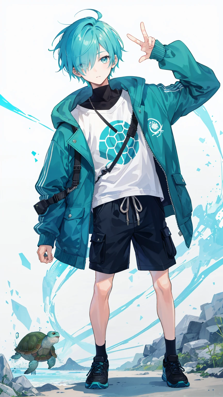 1 boy, 16 years old, short hair, hair over one eye, aqua hair, flipped hair, turtle neck, cargo shorts, hooded jacket, 