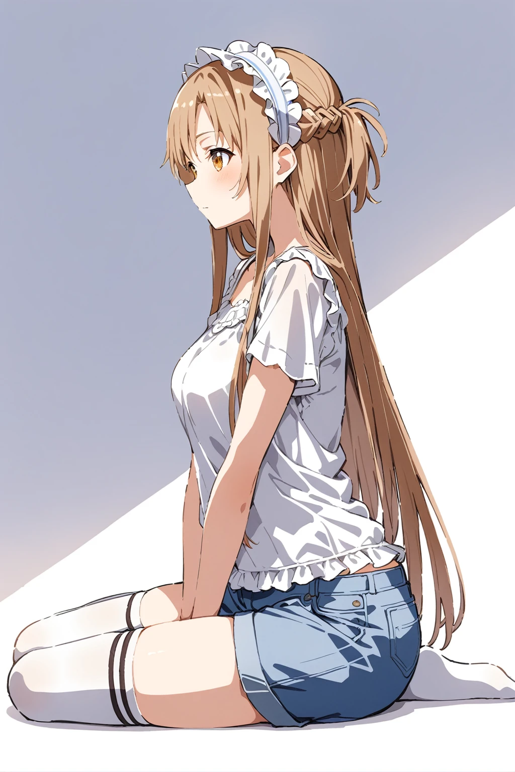 Watercolor (middle),1girl, asuna \(sao\), sword art online, solo, alone, wearing a bright white top and blue denim shorts, slightly plump and highlighting the girl's body lines. White stockings and cat ear headdress are the finishing touches. The girl chose to sit on the floor. This posture usually gives people a relaxed, relaxed feeling. Relaxed feeling, casual feeling, sexy figure, pure white background