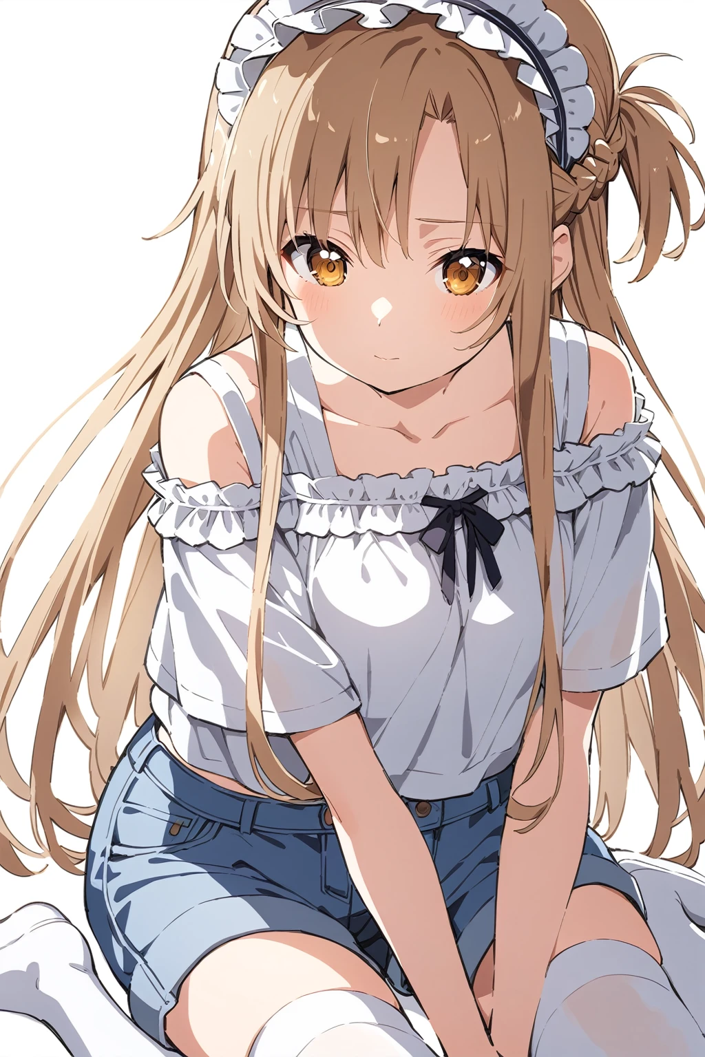 Watercolor (middle),1girl, asuna \(sao\), sword art online, solo, alone, wearing a bright white top and blue denim shorts, slightly plump and highlighting the girl's body lines. White stockings and cat ear headdress are the finishing touches. The girl chose to sit on the floor. This posture usually gives people a relaxed, relaxed feeling. Relaxed feeling, casual feeling, sexy figure, pure white background