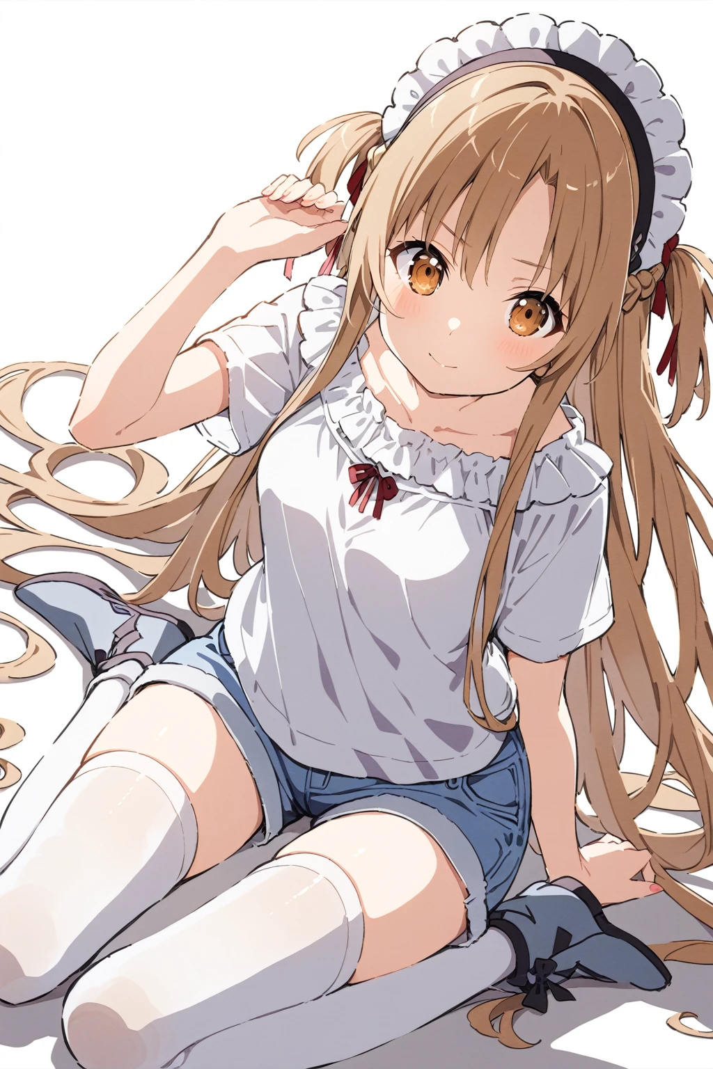 Watercolor (middle),1girl, asuna \(sao\), sword art online, solo, alone, wearing a bright white top and blue denim shorts, slightly plump and highlighting the girl's body lines. White stockings and cat ear headdress are the finishing touches. The girl chose to sit on the floor. This posture usually gives people a relaxed, relaxed feeling. Relaxed feeling, casual feeling, sexy figure, pure white background