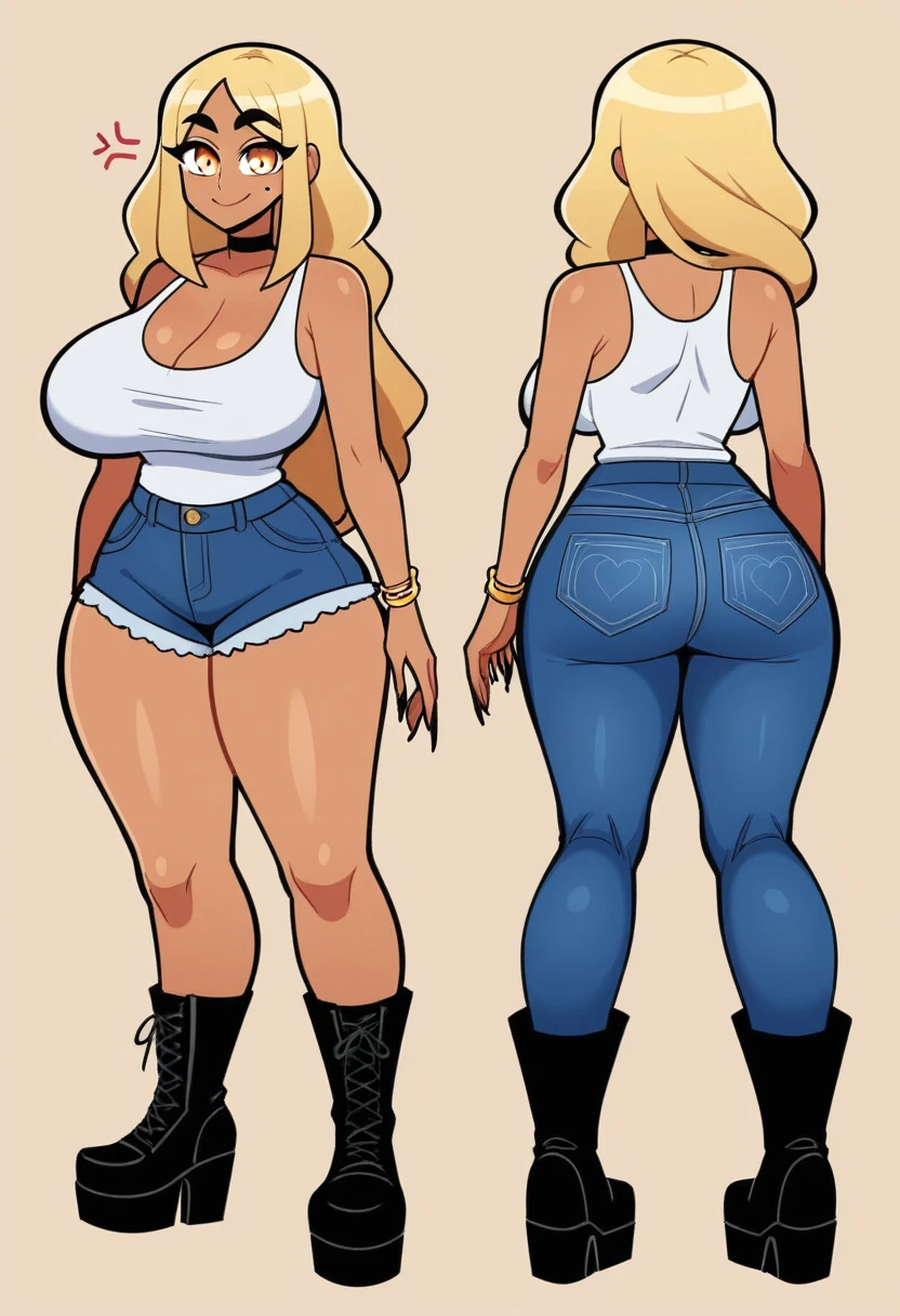 Expressiveh, egirlthot, chibiIcon, , score_9, score_8_up, score_8, (top quality,8k wallpaper),(masterpiece,best quality:1.2), ((source_anime, anime)), 1girl, , goat pupils, gyaru, ((very light blonde hair, long hair, )), old, mother, milf, , ,, tan skin, makeup, tan skin, saggy breasts, saggy, amused eyes, amused smile, , , wide eyes, jealous, jealousy, very jealous, yandere, , , blonde eyebrows, , obsessive, , black mascara, black eyeliner, yellow eyes, , , , , big sister, , large eyes, beauty mark, , giggling, laughing , , athletic , long fingernails,s1z3d1ff_t4lk, taller girl, standing, legs straight, , [[from below]:0.5], pov, eye contact, chibi, icon, cartoon, big head, wide hips, wide torso, plump, big eyes, full body, character sheet, various angles, white tanktop, denim jeans, platform boots, choker, 