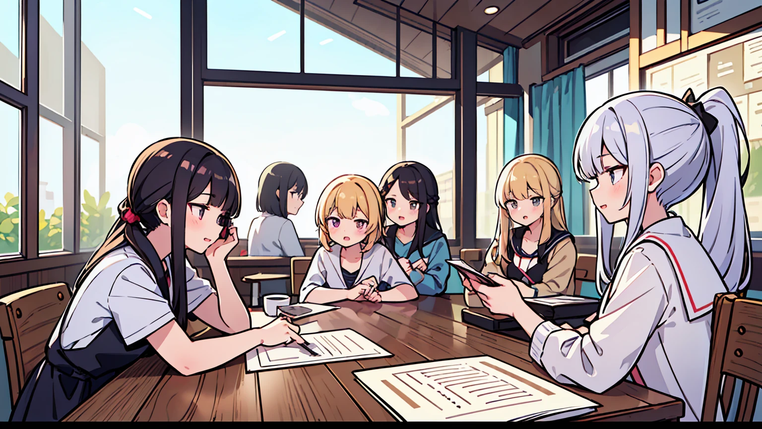 (masterpiece, best quality),Women with different faces and hairstyles, different hair colors, different faces, ponytail, letterboxed, perfection of fashion,chapped lips, casual attire, upper body, from the side,Cafe with terrace on the white sand beach,Teaching students to study at the table, eyes look at the note, together, stylish outfit,

