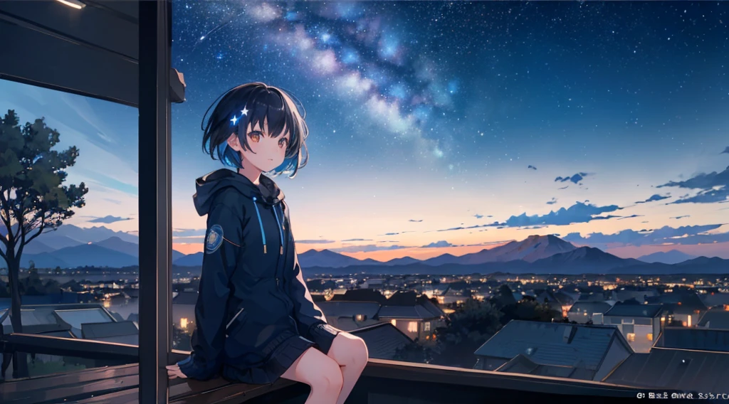 1 girl,octans, sky, star (sky), scenery, starry sky, night, 1girl, night sky, solo, outdoors, building, milky way, sitting, tree, short hair, silhouette, mountain, looking at sky, 8k, beautiful night sky, ray tracing, masterpiece, cute face
