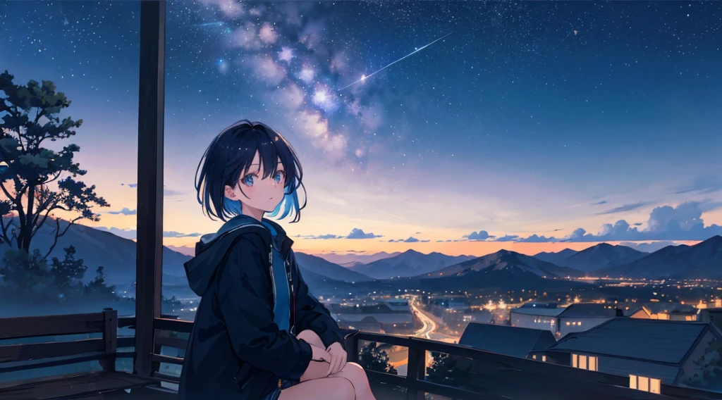 1 girl,octans, sky, star (sky), scenery, starry sky, night, 1girl, night sky, solo, outdoors, building, milky way, sitting, tree, short hair, silhouette, mountain, looking at sky, 8k, beautiful night sky, ray tracing, masterpiece, cute face