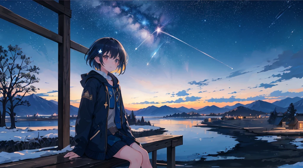 1 girl,octans, sky, star (sky), scenery, starry sky, night, 1girl, night sky, solo, outdoors, building, milky way, sitting, tree, short hair, silhouette, mountain, looking at sky, 8k, beautiful night sky, ray tracing, masterpiece, cute face