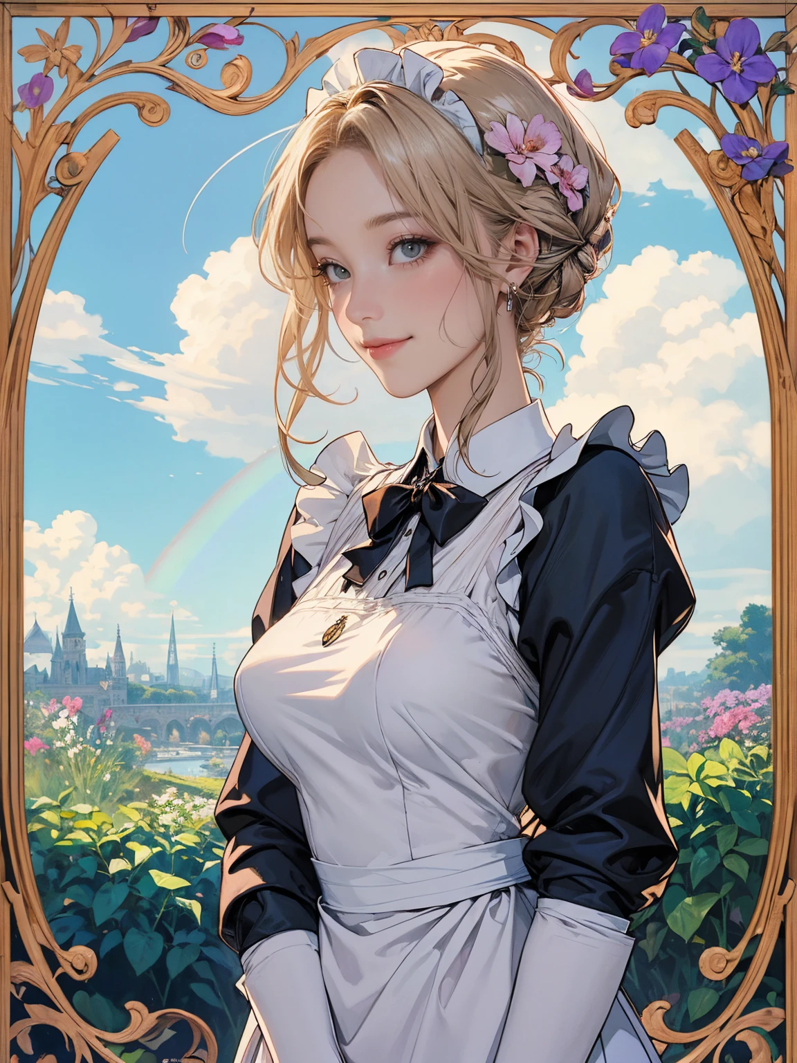 (masterpiece:1.1),(super realistic:1.0)(extremely detailed, intricate details, highres,2.5d:1.1),(profile photo), 1girl, (medium shot), beautiful woman,(Violet Evergarden:1.3), makeup, large breasts,(eye line:1.2), mascara, BREAK (bowtie), (Detailed Maid:1.4),crepe_fabric_Detailed_Clothes,puffies_long_Detailed_sleeves, soft shadow to face, BREAK (background is pale tone:1.4), (background is beautiful gorgeous garden), (lot of flower), Create a luxurious atmosphere, organic shape and Nature-inspired garden, BREAK (Art Nouveau:1.4), flowing lines, organic shape, complex pattern, (elegant forms, Natural Inspiration),(Wonderland, Fantasy,:1.3),(Rainbow,flower tree,sweets Clouds:1.5),(yumekawa,yumekawaii,pastel color:1.3),(sweets garden:1.3),(land of sweets,confections,rainbow arch:1.3),(Sugar confectionery,round rainbow frame:1.3),bloom,blue sky,