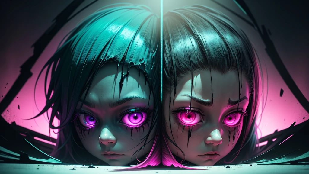 neon pink,greenish on,turquoise,dark tones,intense shadows,sinister lighting,disturbing atmosphere,disturbing contrasts,night scenes,light and shadow effects,diffuse figures,distorted elements,cold tones,unbalanced composition,harsh textures,unusual perspectives,harrowing elements,depth effects,surreal landscapes,claustrophobic feeling,threatening silhouettes,grotesque details, altered symmetry,discordant elements,surreal theme,tense atmosphere,unusual chromatic contrast,visual expression disturbing,deformed elements,visual distortion,chaotic composition,unnatural tones,distorted perspectives,distressing atmosphere,lighting