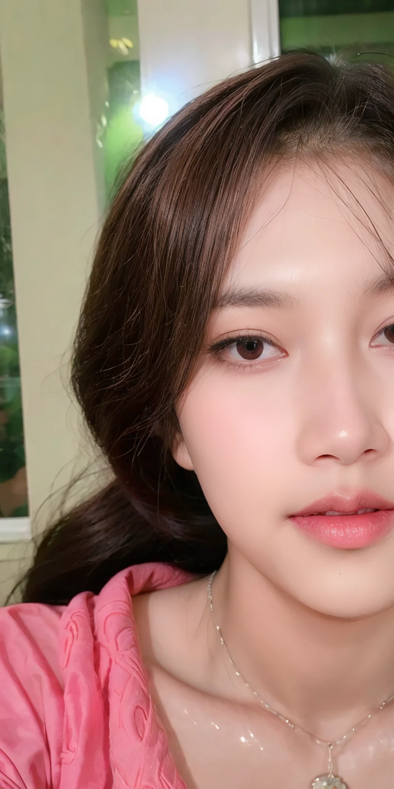 Canon RF85mm f/1.2,masterpiece,best quality,ultra highres,vc,1 girl,(korean mixed,kpop idol:1.2),solo,white_shiny_skin,black eyes,necklace,((brown_long_wavy_hair)),((pink_shiny_lips)),eyelashes,bangs,aface,make-up,shiny,Pore,skin texture,bracelet,offshoulder,see-through,big breasts