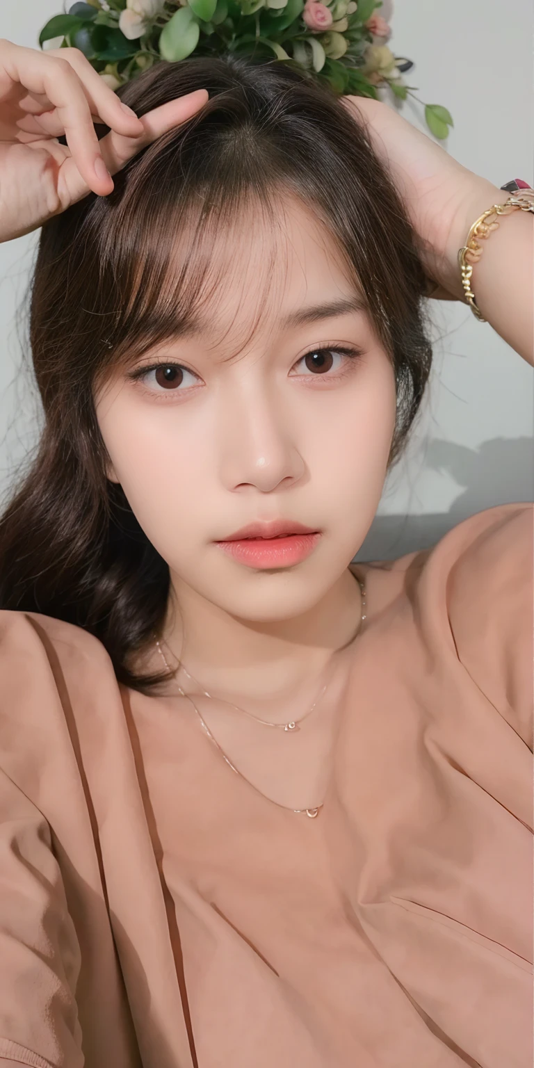 Canon RF85mm f/1.2,masterpiece,best quality,ultra highres,vc,1 girl,(korean mixed,kpop idol:1.2),solo,white_shiny_skin,black eyes,necklace,((brown_long_wavy_hair)),((pink_shiny_lips)),eyelashes,bangs,aface,make-up,shiny,Pore,skin texture,bracelet,offshoulder,see-through,big breasts