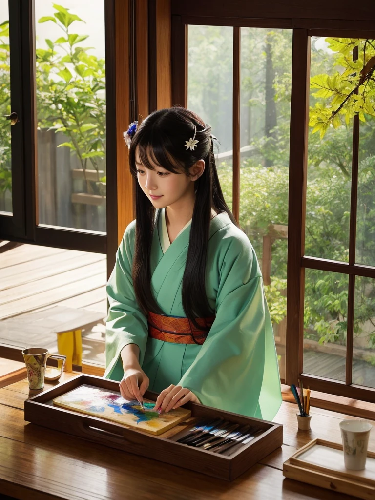 Anime illustration、masterpiece、high quality、girl１people、Painting in the room、Yukata、Long black hair、On top of opening the wrapping paper、大きなwood槿の花描く、The walls of the room、There is a folding screen depicting the Tale of Genji.、The Moonflower Story、Keep a thin brush on your finger、Paint tray next to it、There is paint、From the window on a summer morning、wood々The leaves shine in the morning sun.
