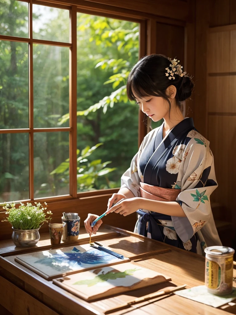 Anime illustration、masterpiece、high quality、girl１people、Painting in the room、Yukata、Long black hair、On top of opening the wrapping paper、大きなwood槿の花描く、The walls of the room、There is a folding screen depicting the Tale of Genji.、The Moonflower Story、Keep a thin brush on your finger、Paint tray next to it、There is paint、From the window on a summer morning、wood々The leaves shine in the morning sun.