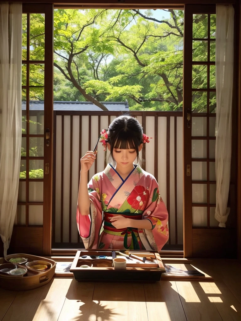 Anime illustration、masterpiece、high quality、girl1people、Painting in the room、Yukata、Long black hair、On top of opening the wrapping paper、大きなwood槿の花描く、The walls of the room、There is a folding screen depicting the Tale of Genji.、The Moonflower Story、Keep a thin brush on your finger、Paint tray next to it、There is paint、From the window on a summer morning、wood々The leaves shine in the morning sun.